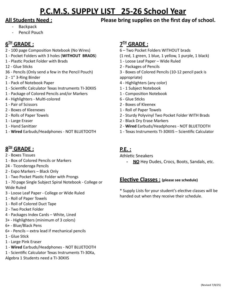P.C.M.S Supply List 25-26 School Year