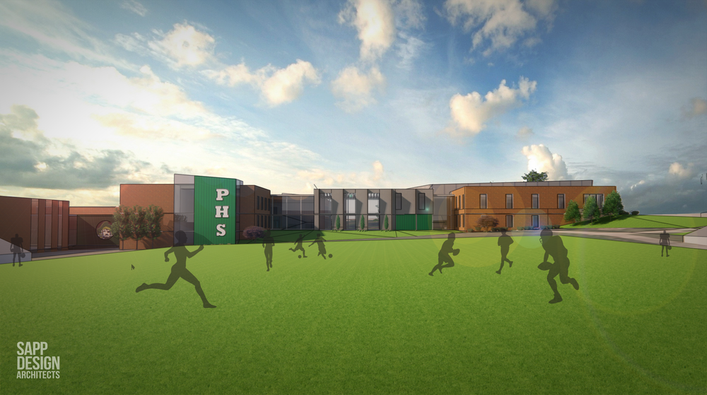 An architects rendering of a new PHS facility looking at the building from the view of the football field..  