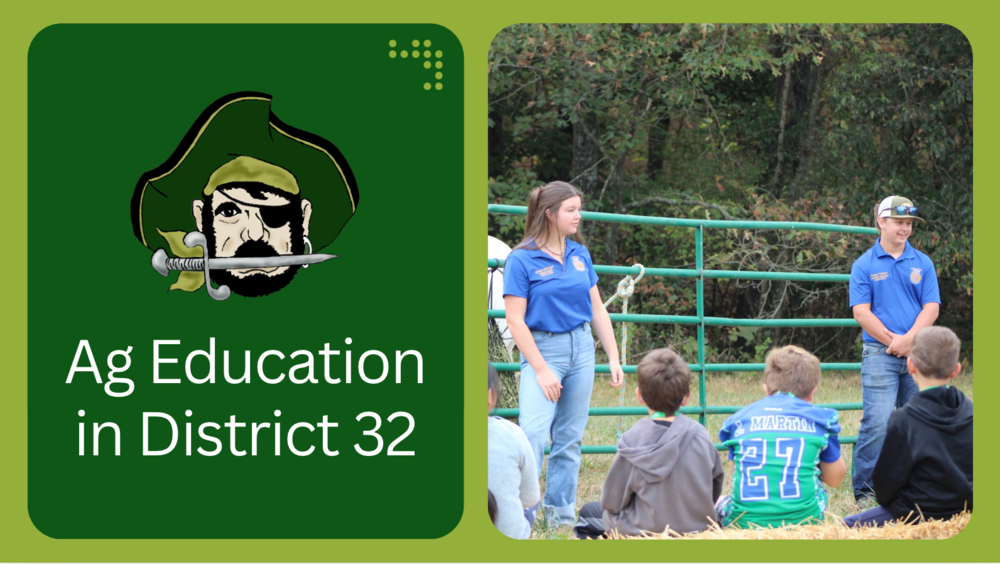 Graphic that says "Ag Education in District 32" next to an image of a male and female ag student in blue FFA polos speaking with a group of elementary students who are sitting on haybales.