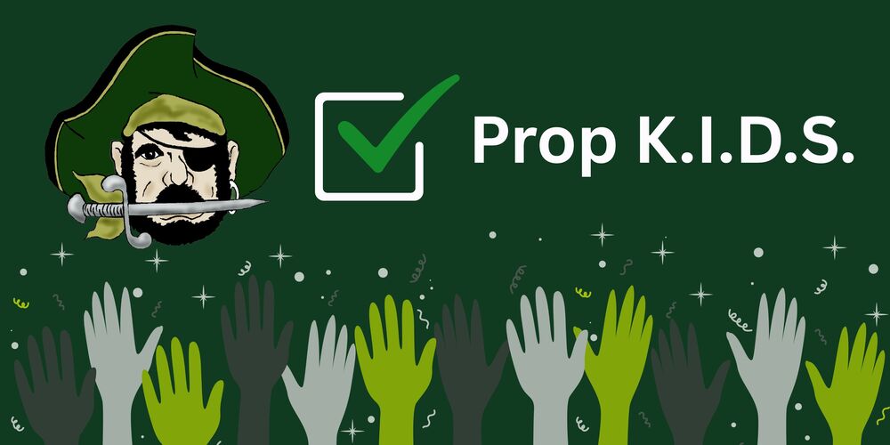 A graphic that says "Prop K.I.D.S." with a checkbox by it. There are also outlines of hands raised in celebration at the bottom surrounded by confetti. The Pirate logo is at the left.