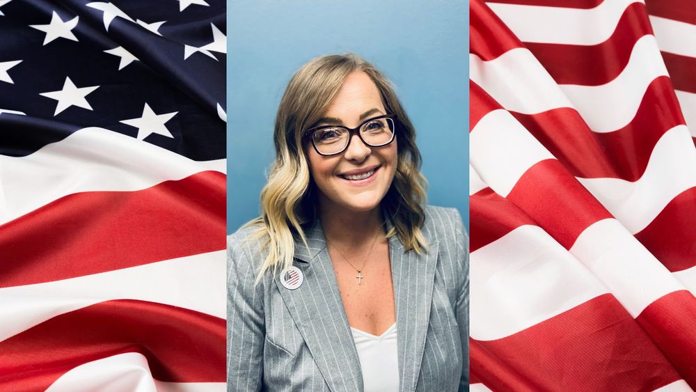Rae Lynn Munoz headshot over an American Flag backdrop
