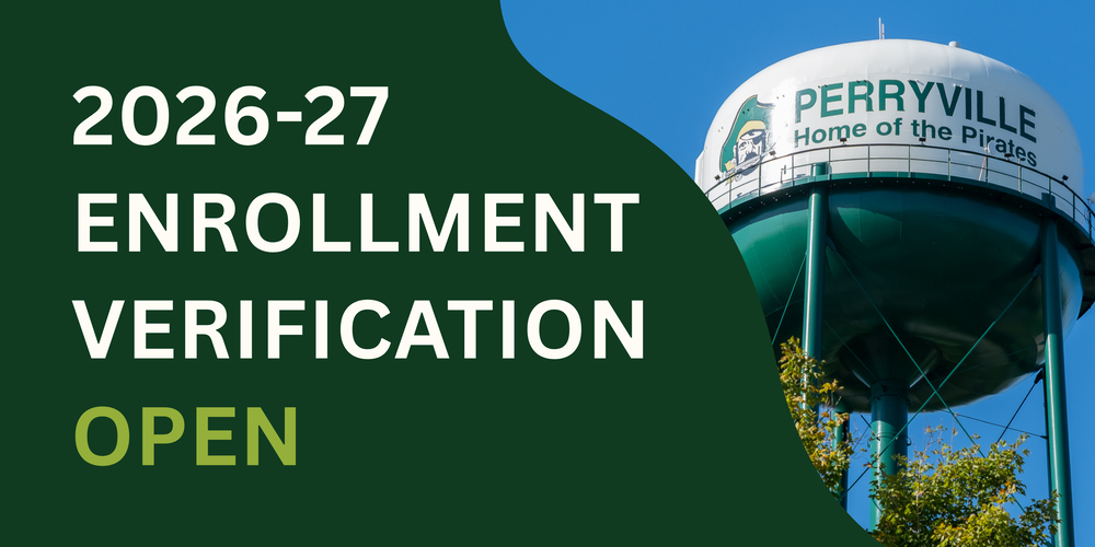 Graphic that says "2026-27 Enrollment Verification Open" with an image of the Perryville water tower in the background.