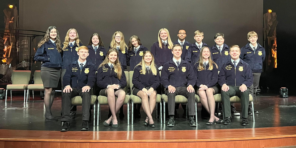 A group photo of the Missouri State FFA officers and ten first-year members of the Perryville FFA Chapter.