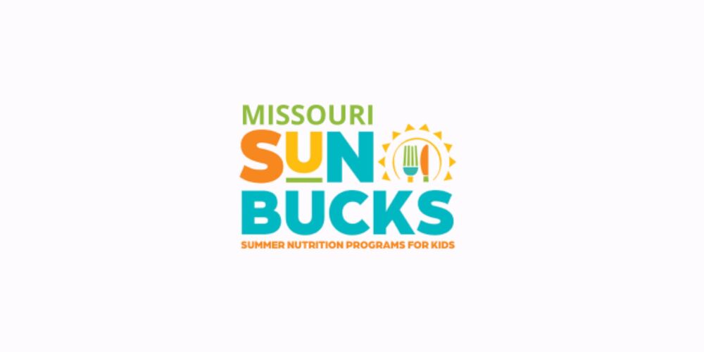 Graphic that says "Missouri SuN Bucks Summer Nutrition Programs for Kids. It is made up of green, orange, yellow, and blue lettering and has a graphic of a sun with a knife and fork in front of it.