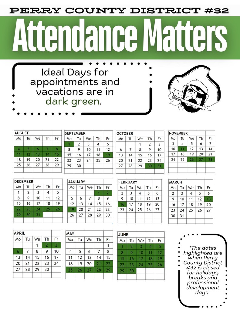 Attendance Matters Calendar with ideal days for scheduling vacations or appointments.