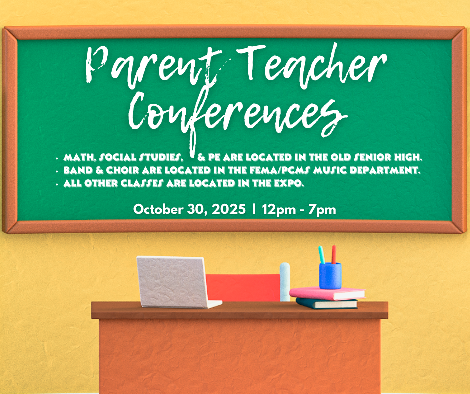 chalkboard graphic with date and time of parent teacher conf