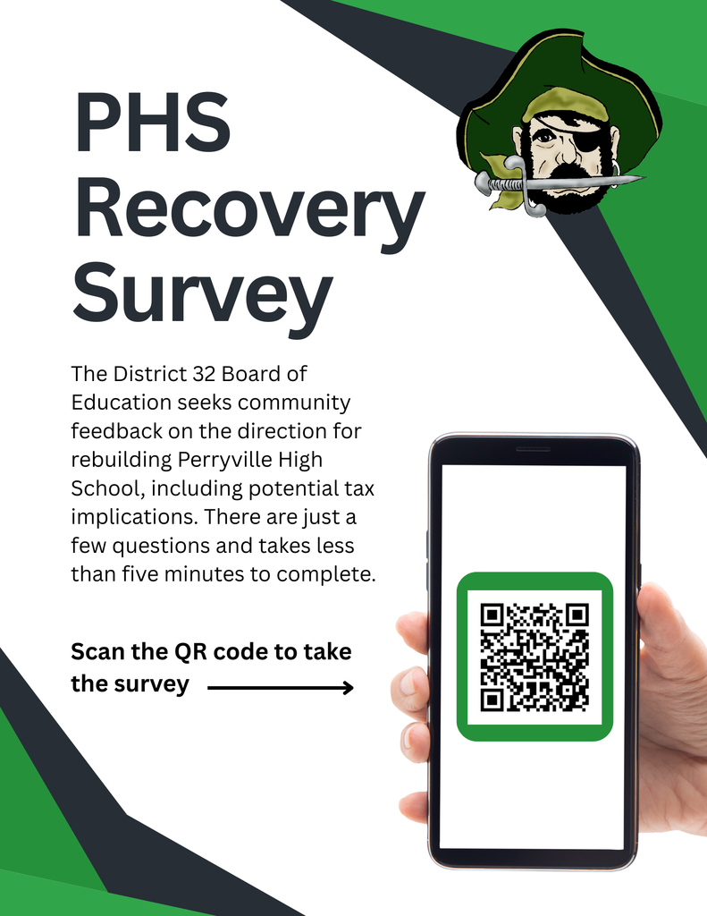 Flyer inviting community members to take a survey on tornado recovery for Perryville High School.