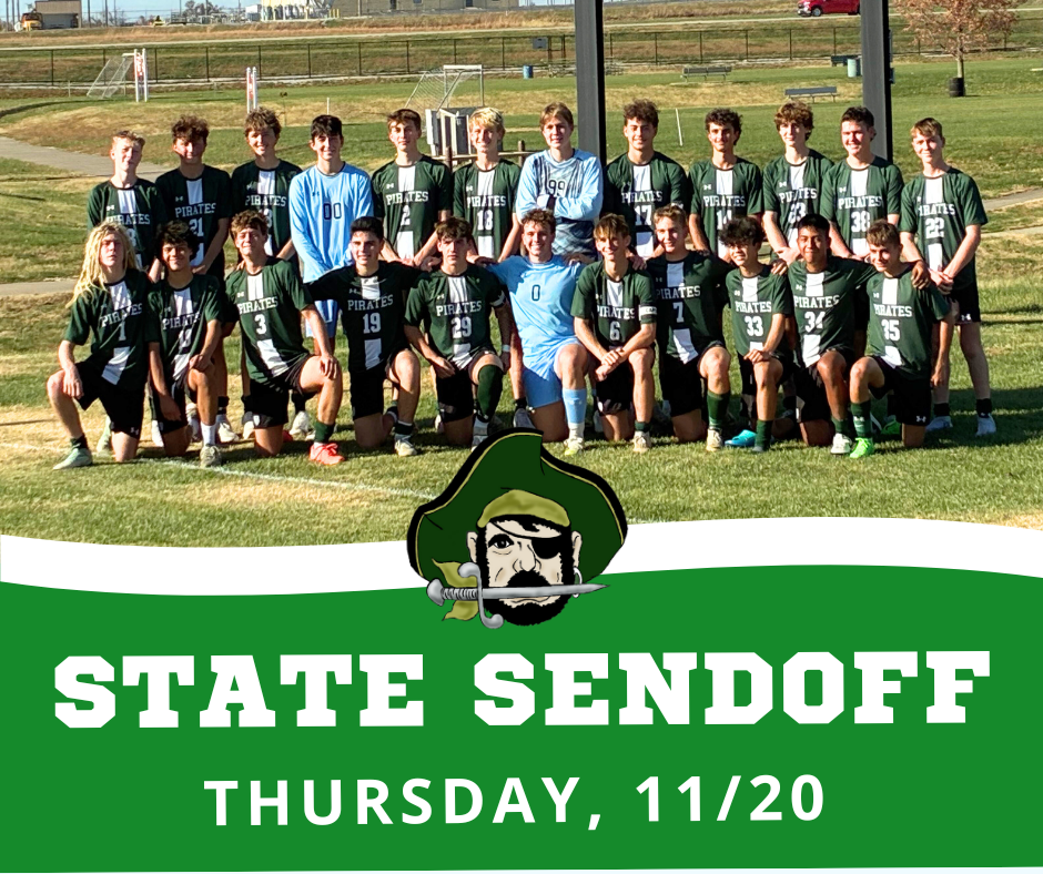 A graphic that says "State Sendoff Thursday, 11/20" with a team photo of the PHS boys soccer team.