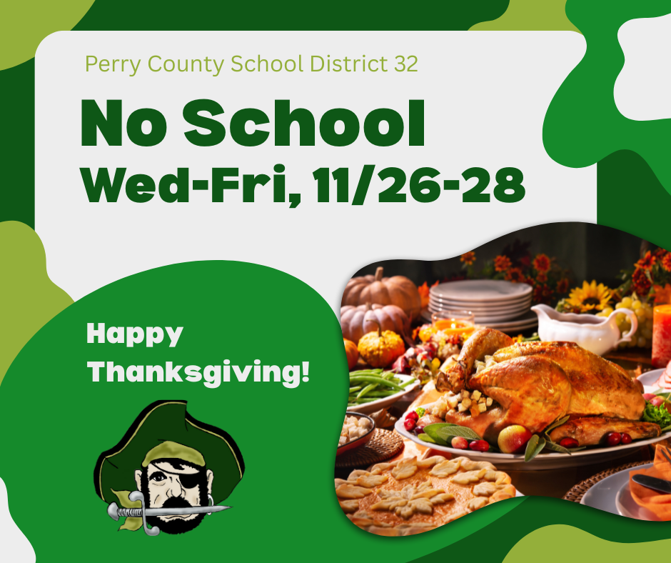 A graphic reminding families there is no school Wed-Fri, 11/26-28 due to Thanksgiving break. 