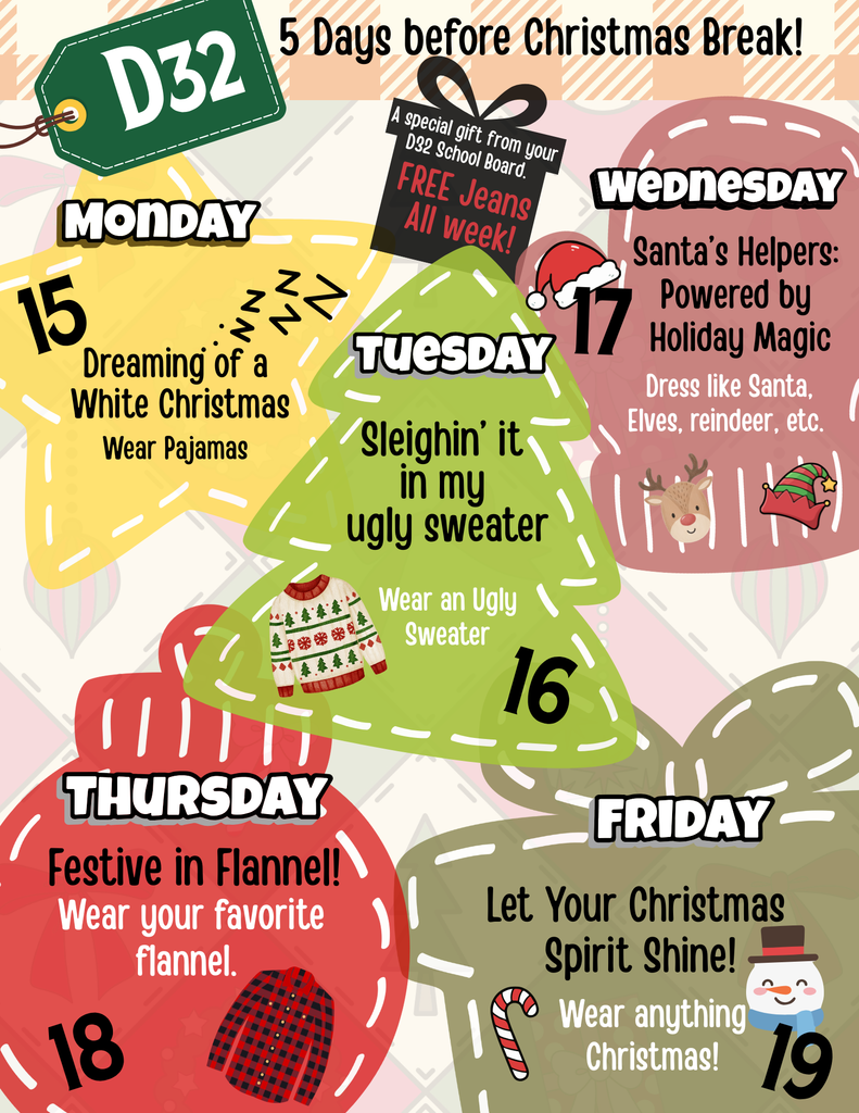 A graphic showing the five special dress up days Dec. 15-19 prior to Christmas Break.