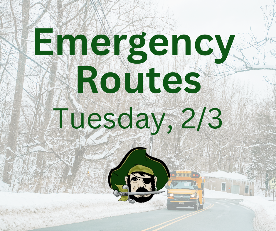 Graphic that says "Emergency Routes Tuesday, 2/3" with an image of a school bus driving on a road across a snowy landscape.