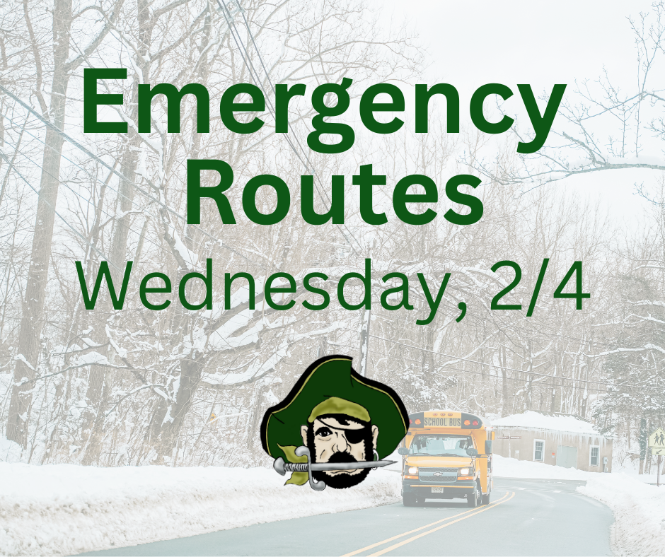 Graphic that says "Emergency Routes Wednesday, 2/4" with an image of a school bus driving on a road across a snowy landscape.