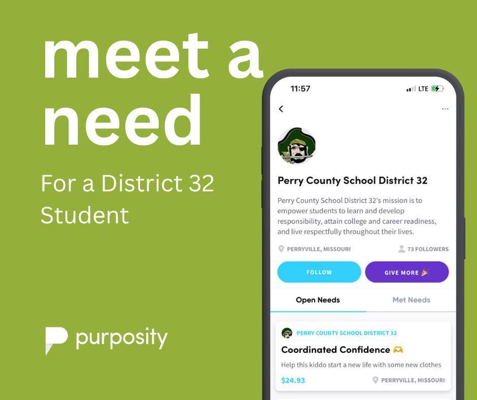 A graphic that says "meet a need for a District 32 student" along with the Purposity logo and an image of a cell phone displaying District 32's page on the Purposity app.