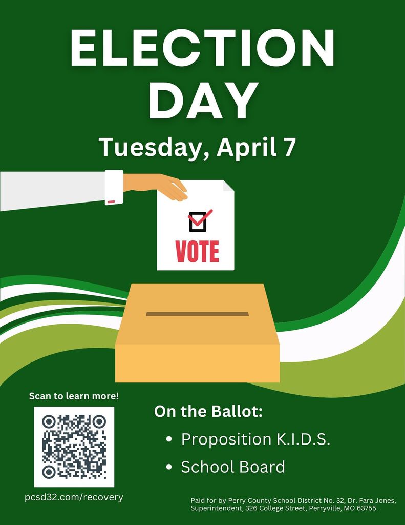 Graphic that says "Election Day Tuesday, April 7" and "On the Ballot: •Proposition KIDS, •School Board." There is an image of a hand holding a piece of paper over a ballot box that says "Vote."