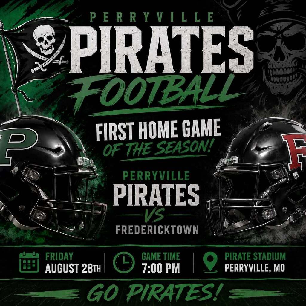 Graphic promoting the PHS home football opener against Fredericktown on Friday, Aug. 28, 2026, at 7 p.m.