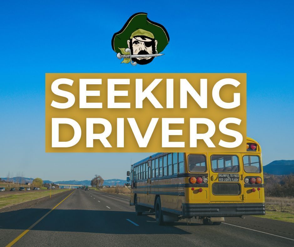 Graphic that says "Seeking Drivers" with an image of a school bus in the background.