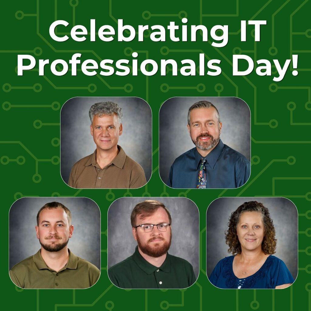 Graphic that says "Celebrating IT Professionals Day!" with head shots of five IT staff members.