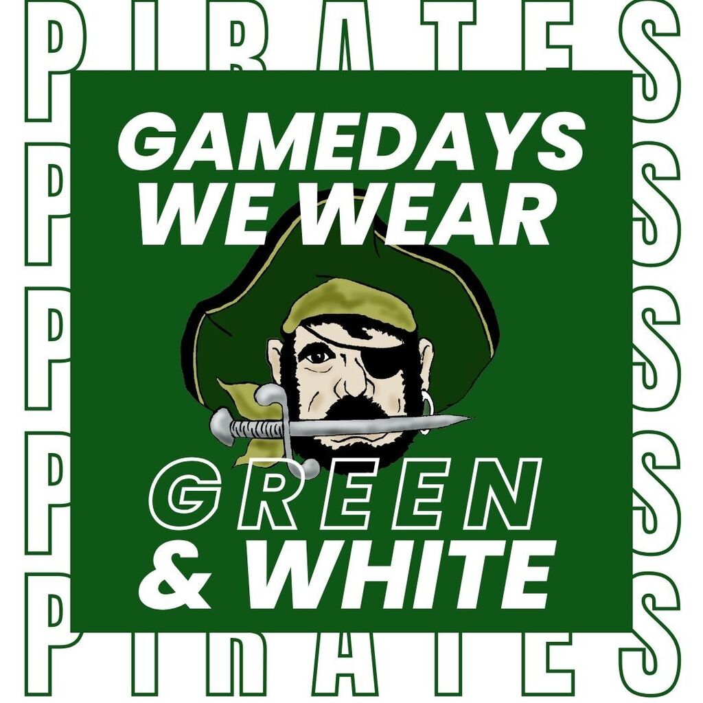 A graphic that says "Gamedays We Wear Green & White" with the Pirate logo.