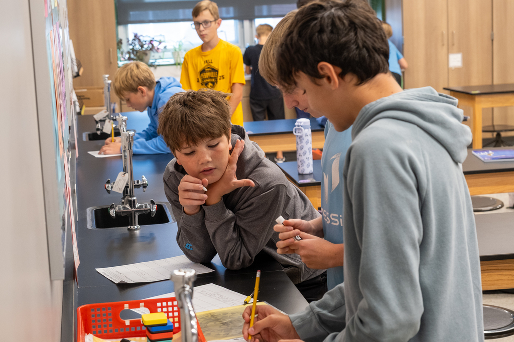 A group of students discuss problems on a worksheet.