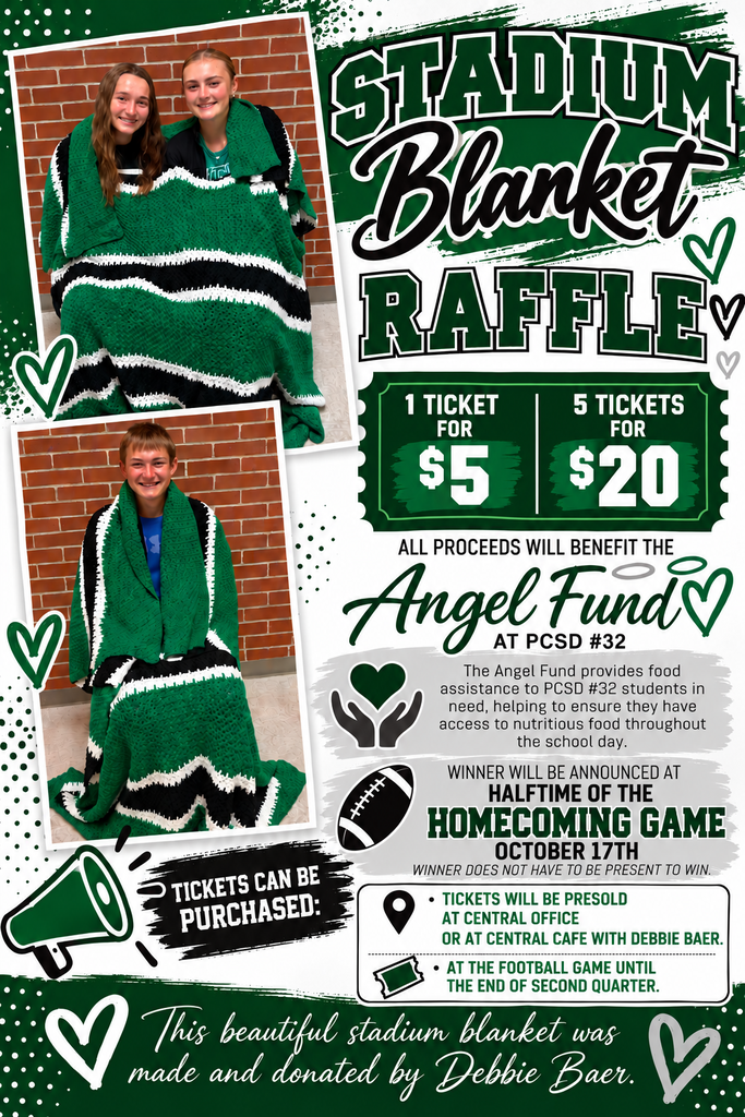 A flyer for a stadium blanket raffle. Tickets are 1 for $5 or 5 for $20. Proceeds support the Angel Fund.