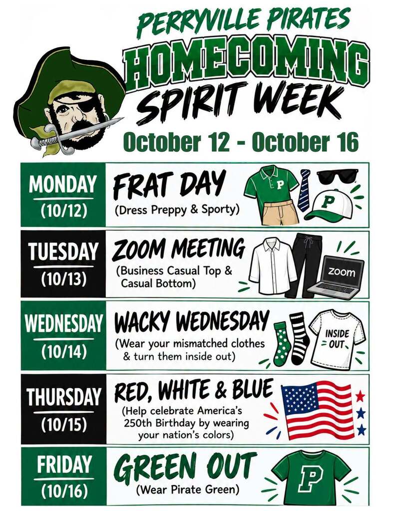 A poster with a list of homecoming week spirit days.