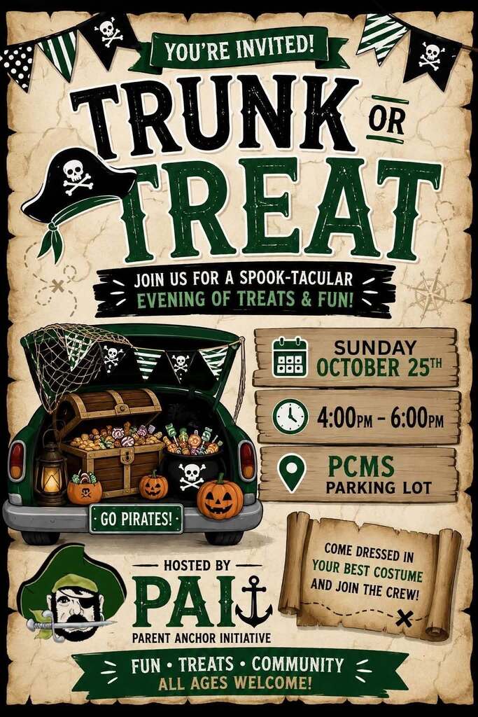 Graphic flyer for Trunk or Treat event from 4-6 p.m. on Sunday, Oct. 25 on the PCMS parking lot