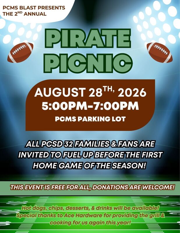 Flyer for Pirate Picnic from 5-7 p.m. on Aug 28, 2026 in the Middle School parking lot..