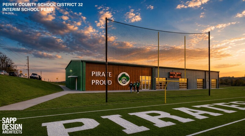 AI generated rendering of a metal building at the end of Pirate Stadium.