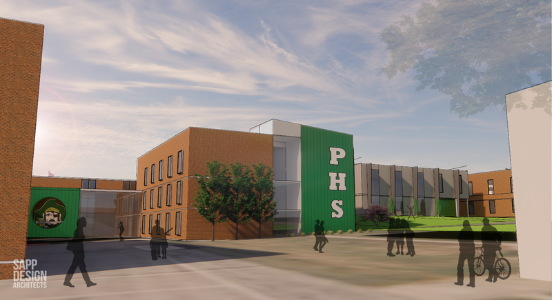 An architects rendering of a new  east entrance for PHS.