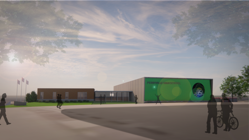 An architects rendering of a new  north entrance for PHS. 
