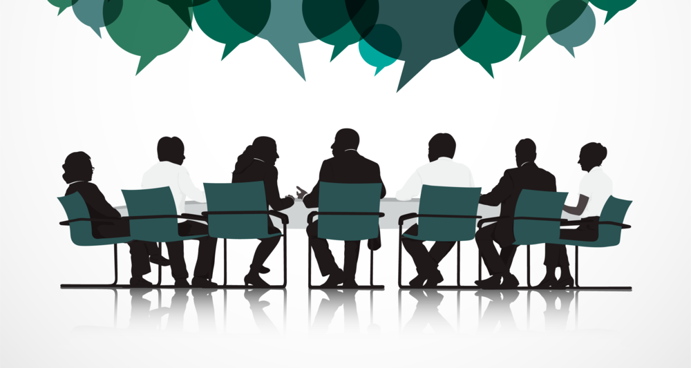 Illustration of a diverse group of professionals seated around a conference table, with overlapping speech bubbles above them representing discussion, communication, and collaboration.