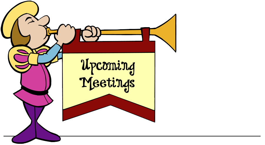 Cartoon illustration of a herald blowing a trumpet with a banner that reads “Upcoming Meetings.”