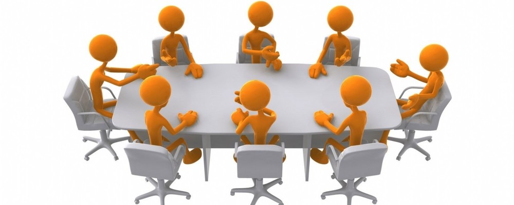 Illustration of eight orange stick‑figure people sitting in white office chairs around a large oval conference table, facing each other as if in a meeting or discussion.  