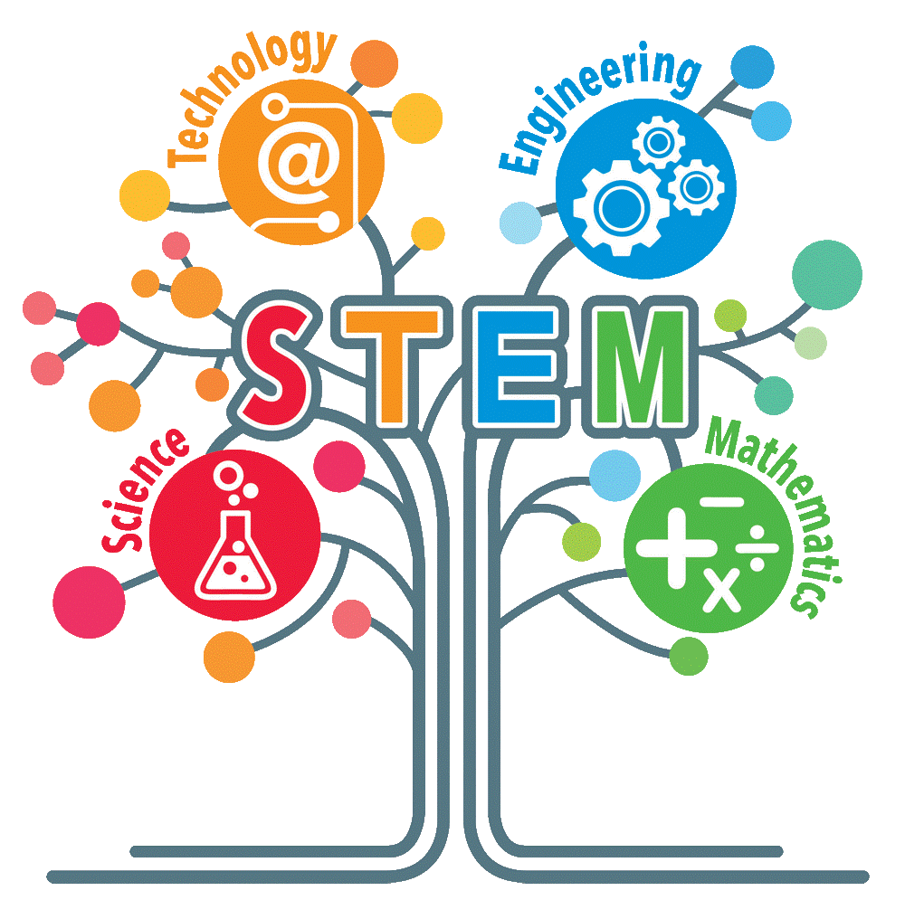 Colorful STEM graphic showing a tree with four branches labeled Science, Technology, Engineering, and Mathematics. Each branch features an icon: a beaker for Science (red), an @ symbol for Technology (orange), gears for Engineering (blue), and math symbols for Mathematics (green).