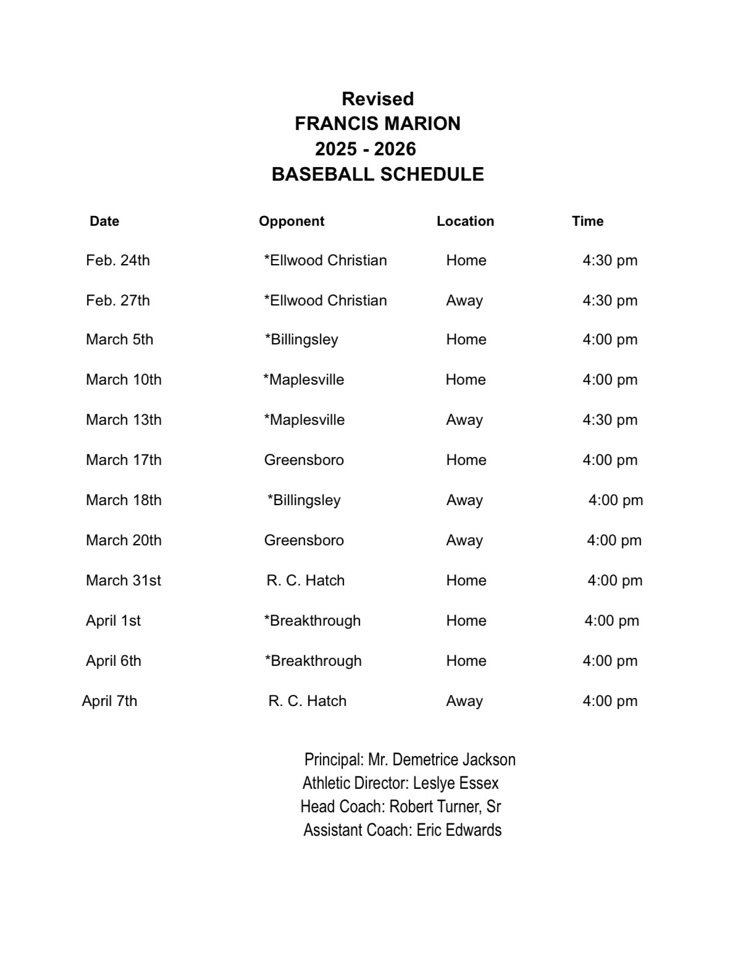 FMS Baseball Schedule