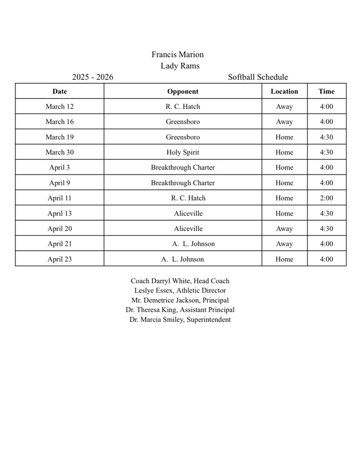 FMs Lady Ram Basketball Schedule
