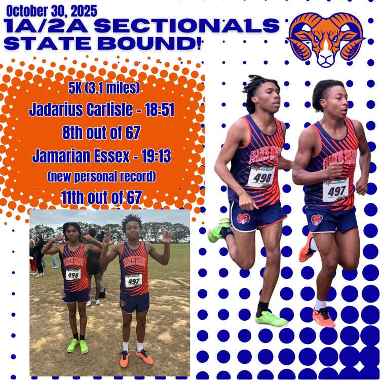 Congratulations to Jamarian Essex and Jadarius Carlisle on both qualifying for the AHSAA State Cross-Country meet!