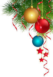 Christmas ornaments hanging from pine branches. The decorations include gold, red, and blue baubles with red ribbon curls and three hanging red star ornaments on a black background.