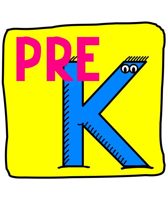 Bright, cartoon-style sign with a yellow background and a large blue letter “K” that has small cartoon eyes on its top right. The bold pink word “PRE” sits in the upper left, overlapping the “K,” forming the phrase “PRE K.”