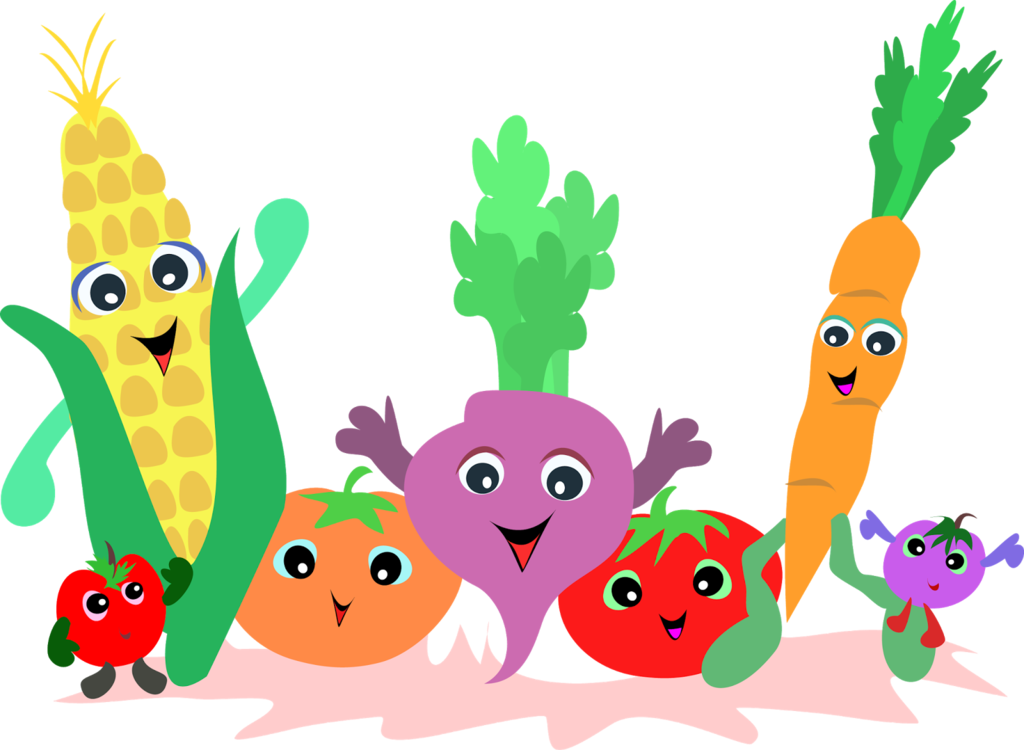 Cartoon illustration of smiling vegetables with big eyes and expressive faces standing in a row: a tall ear of corn with green husks, an orange tomato, a purple beet with leafy greens, a red tomato, and a tall carrot, flanked by two smaller cute characters on each side, all appearing cheerful and playful on a pale pink ground with a black background.