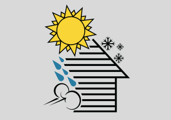 Simple graphic of a house outlined with horizontal lines, surrounded by different weather symbols: a bright yellow sun above the roof, blue raindrops and a gust of wind on the left side, and small black snowflakes near the roof’s peak, all on a light gray background.
