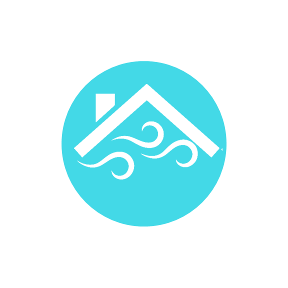 Simple turquoise circular icon showing the outline of a white house roof with a small chimney and three flowing swirl lines underneath, suggesting air, wind, or energy efficiency in the home.