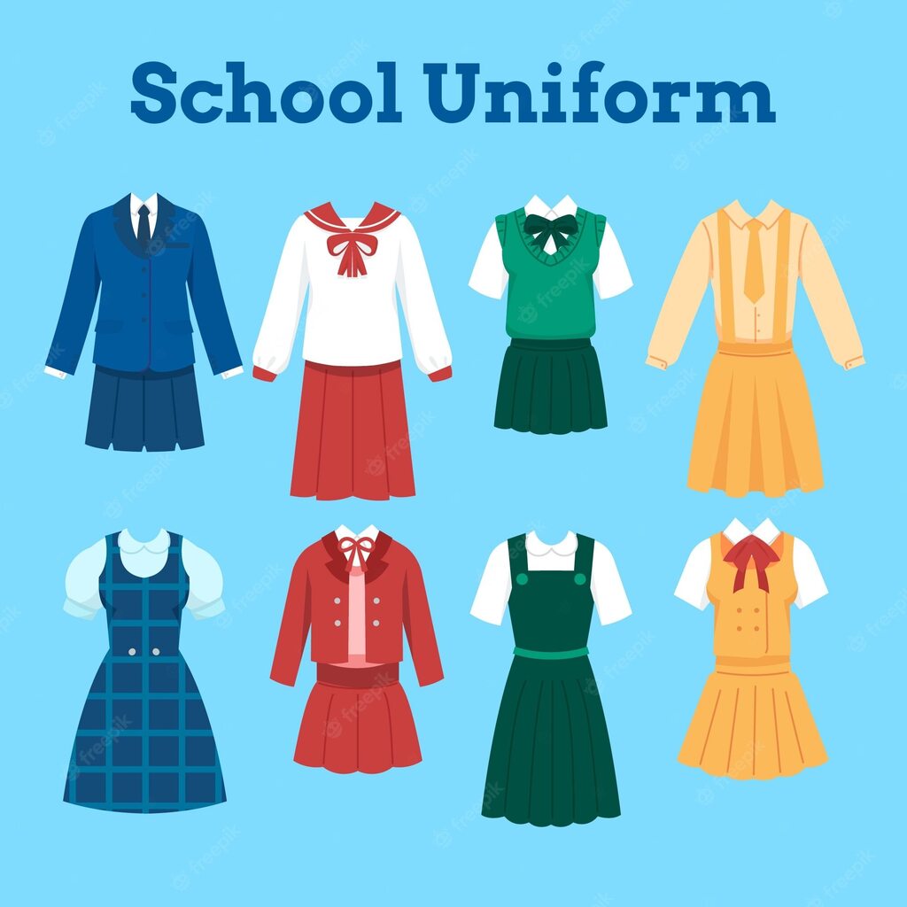 Illustration titled 'School Uniform' showing eight different school uniform designs displayed on a light blue background. The uniforms include various styles and colors such as blue, red, green, and yellow outfits, featuring skirts, blouses, sweaters, jackets, ties, and bows. The image represents common school uniform options for students.
