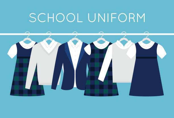 Illustration of several school uniform outfits hanging on white hangers against a light blue background. The image includes navy blue, white, gray, and plaid uniforms, including dresses, sweaters, a blazer, and collared shirts. The words "SCHOOL UNIFORM" appear at the top of the graphic.
