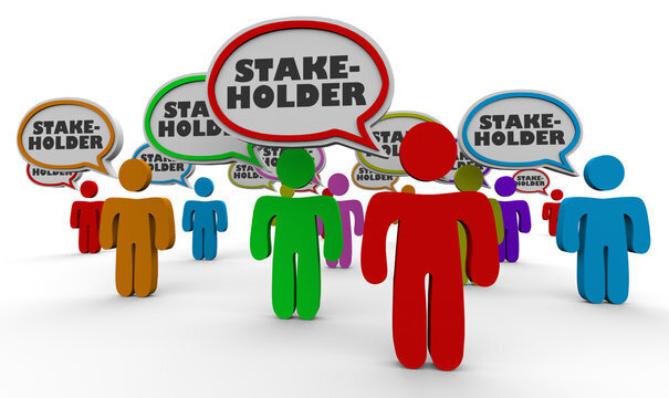 Illustration of a diverse group of colorful human figures standing together, each with a speech bubble labeled "Stakeholder," symbolizing community engagement, collaboration, and shared participation in decision-making.