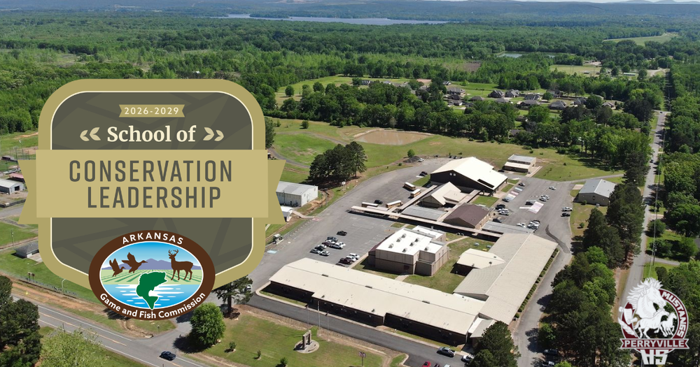 Ariel picture of high school with 2026 through 2029 school of conservation leadership award from the Arkansas game and fish commission