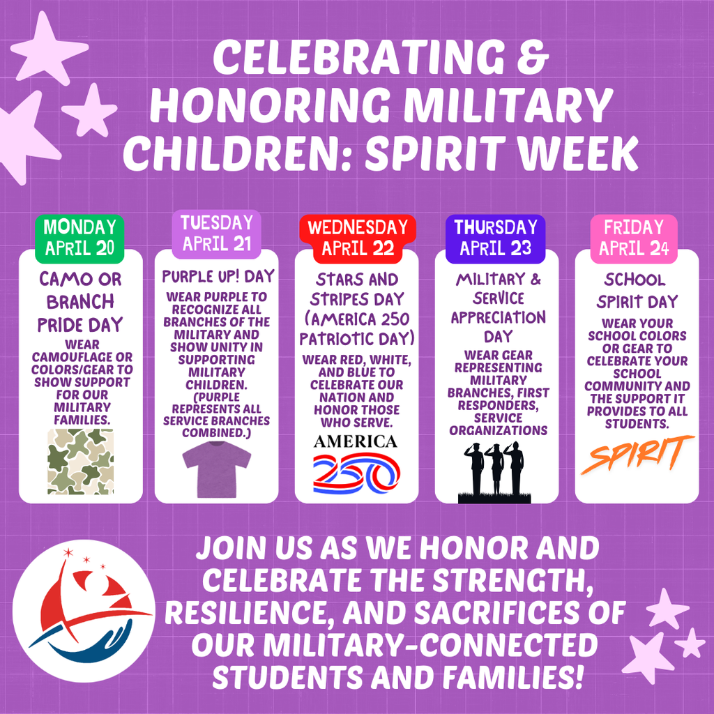 Graphic that shows the different celebrations for military-children spirit week. 