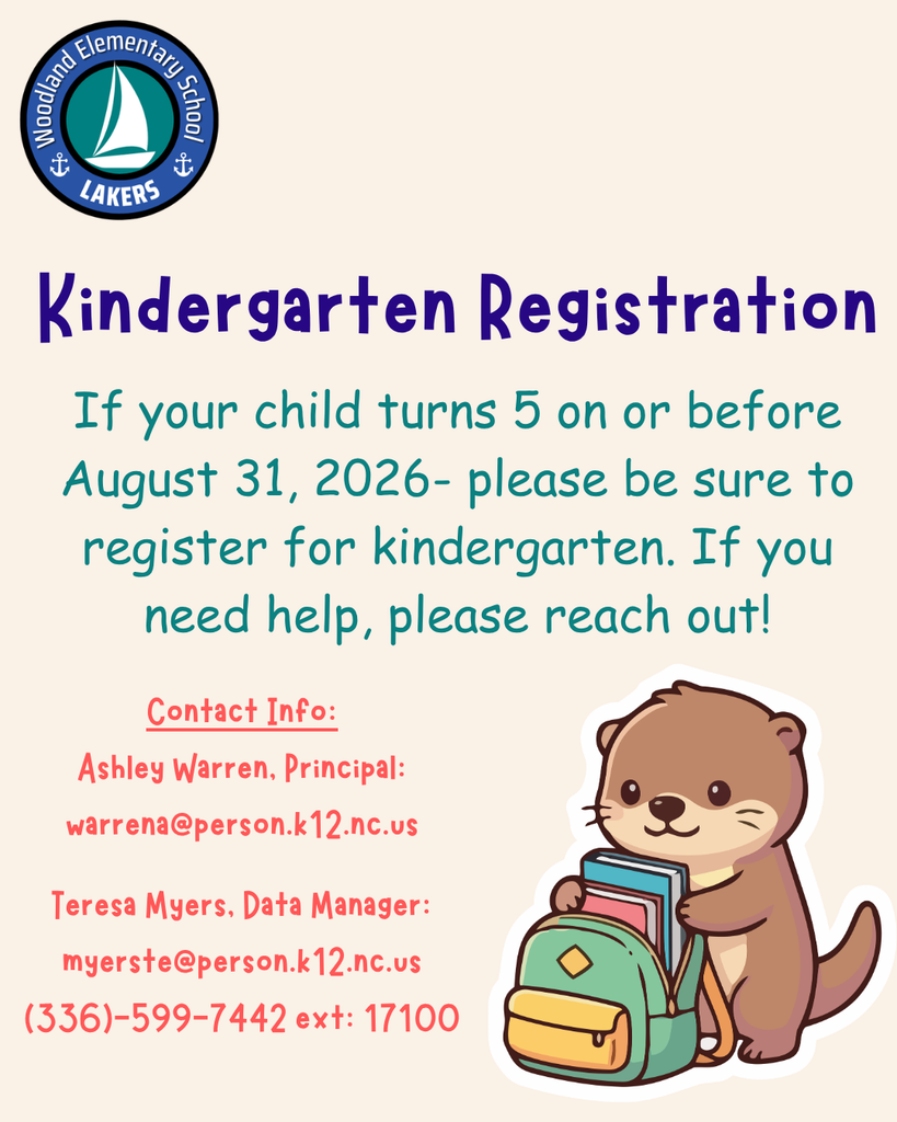 To ensure we have the most accurate enrollment numbers, please share with anyone who may have an entering kindergarten student. Don't delay your kindergarten registration: If your child turns 5 on or before August 31, 2026- please be sure to register for kindergarten. Link to Register: https://www.pcsnc.org/page/student-registration-hub If you need help, don't hesitate to reach out: Contact Info: Ashley Warren, Principal: warrena@person.k12.nc.us Teresa Myers, Data Manager: myerste@person.k12.nc.us (336)-599-7442 ext: 17100