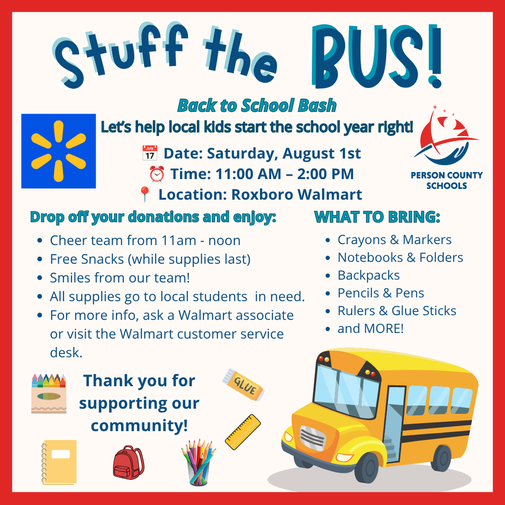 Graphic that shows "Stuff the Bus" and gives information about date/location and supplies needed