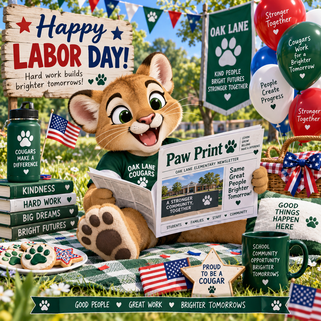 Cougar Cub Reading Paw Print Newsletter and celebrating Labor Day